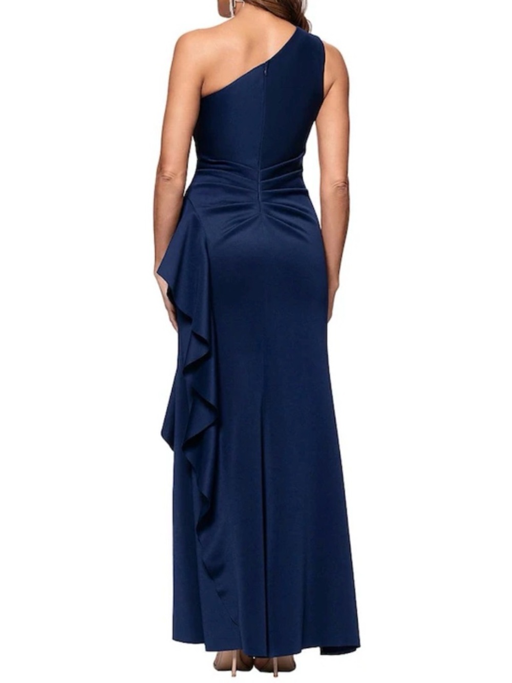 Xscape One-Shoulder Navy Ruffle Column Gown - Picture 2 of 11
